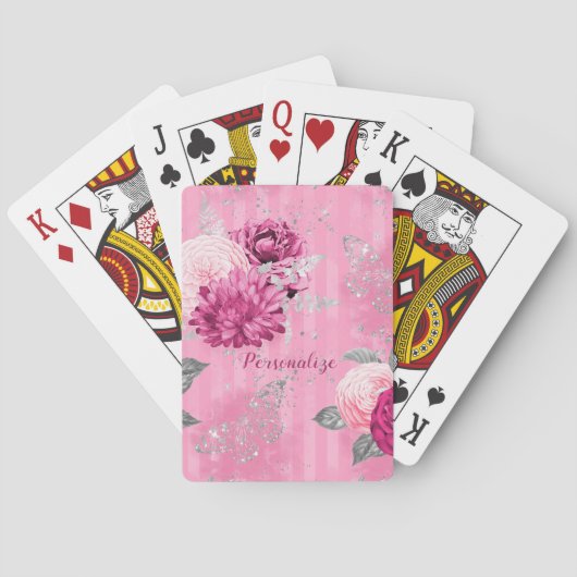  Roze Rozen Zilveren Glitter Vlinder Pokerkaarten (Achterkant)