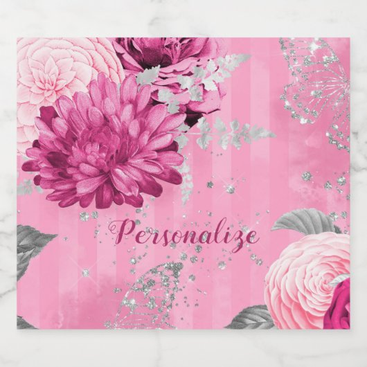  Roze Rozen Zilveren Glitter Vlinder Sparkling Wijnetiket (Enkel label)