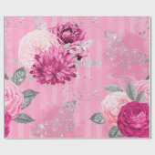  Roze Rozen Zilveren Glitter Vlinders Cadeaupapier (Vlak)