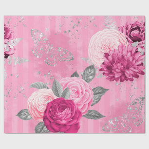  Roze Rozen Zilveren Glitter Vlinders Cadeaupapier