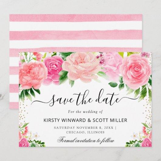 Roze Rozen Zomer Bloemen Bruiloft Save The Date (Voorkant / Achterkant)