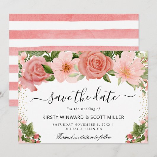 Roze Rozen Zomer Bloemen Bruiloft Save The Date (Voorkant / Achterkant)