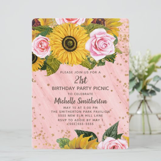 Roze rozen zonnebloemen Glitter 21st Birthday Kaart (Staand voorkant)