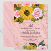 Roze rozen zonnebloemen Glitter 21st Birthday Kaart (Voorkant / Achterkant)