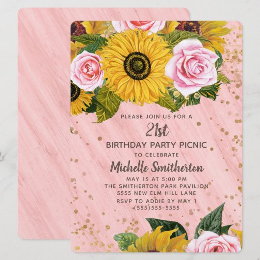 Roze rozen zonnebloemen Glitter 21st Birthday Kaart (Voorkant / Achterkant)