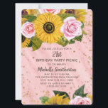 Roze rozen zonnebloemen Glitter 21st Birthday Kaart<br><div class="desc">Elegante en stijlvolle gele zonnebloemen en roze rozen met gouden glitter en mousserende snaarlampen op een roze hout in de roze stijl van roze roze roze 21e verjaardag op uitnodiging van vrouwen.</div>