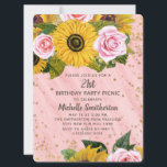Roze rozen zonnebloemen Glitter 21st Birthday Kaart<br><div class="desc">Elegante en stijlvolle gele zonnebloemen en roze rozen met gouden glitter en mousserende snaarlampen op een roze hout in de roze stijl van roze roze roze 21e verjaardag op uitnodiging van vrouwen.</div>