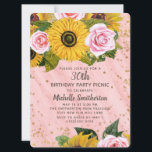 Roze rozen zonnebloemen Glitter 30th Birthday Kaart<br><div class="desc">Elegante en stijlvolle gele zonnebloemen en roze rozen met gouden glitter en mousserende snaarlampen op een roze hout in de stijl van roze boho 30e verjaardag op uitnodiging van vrouwen. Deze kaart is volledig aanpasbaar voor elke leeftijd of elk moment. Neem contact met mij op voor hulp bij uw aanpassingen...</div>