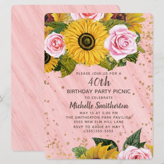 Roze rozen zonnebloemen Glitter 40th Birthday Kaart (Voorkant / Achterkant)