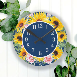 Roze rozen zonnebloemen marineblauw Monogram  Ronde Klok