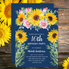  roze rozen zonnebloemen Navy Blue 16th Kaart