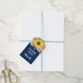 Roze rozen zonnebloemen Navy Blue Birthday Harteli Cadeaulabel (Met Touw)