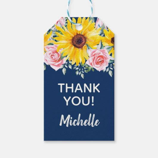 Roze rozen zonnebloemen Navy Blue Birthday Harteli Cadeaulabel (Voorkant)