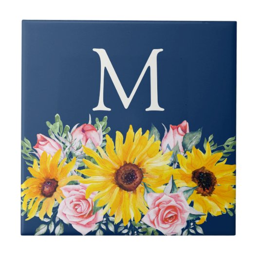 Roze rozen zonnebloemen Navy Blue Monogrammed Tegeltje (Voorkant)