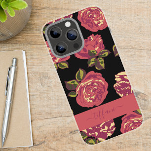 Roze Rozen Zwart Bloemmotief met Naam iPhone 16 Pro Max Hoesje