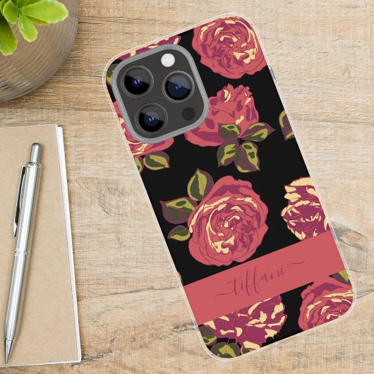 Roze Rozen Zwart Bloemmotief met Naam Case-Mate iPhone Case