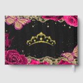 Roze Rozen Zwart Goud Kant Vlinder Quinceañera Gastenboek (Achterkant)