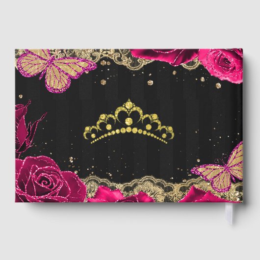 Roze Rozen Zwart Goud Kant Vlinder Quinceañera Gastenboek (Achterkant)