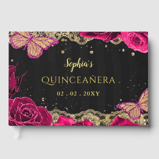 Roze Rozen Zwart Goud Kant Vlinder Quinceañera Gastenboek (Voorkant)