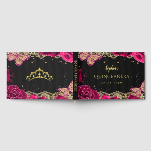 Roze Rozen Zwart Goud Kant Vlinder Quinceañera Gastenboek (Volledig)