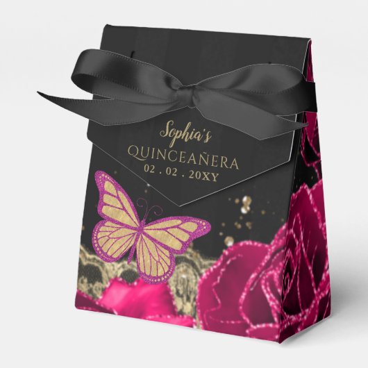 roze rozen zwart gouden gelaat Quinceañera Bedankdoosjes (Voorkant Zijde)