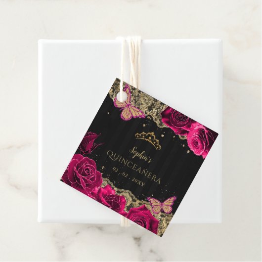  roze rozen zwart gouden gelaat Quinceañera Bedankjes Labels (In situ)