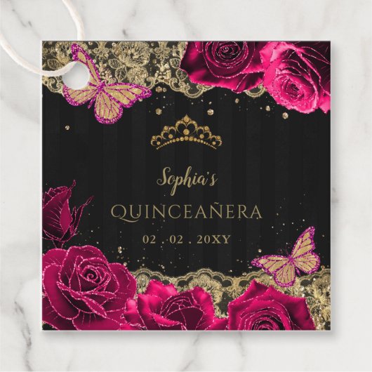  roze rozen zwart gouden gelaat Quinceañera Bedankjes Labels (Voorkant)