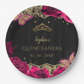  roze rozen zwart gouden gelaat Quinceañera Papieren Bordje (Voorkant)