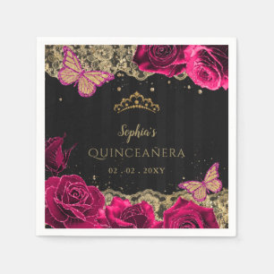 roze rozen zwart gouden gelaat Quinceañera Servet