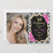 Roze Rozen Zwart Wit Damask Foto 50ste verjaardag Kaart (Voorkant)