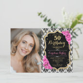 Roze Rozen Zwart Wit Damask Foto 50ste verjaardag Kaart (Staand voorkant)