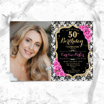 Roze Rozen Zwart Wit Damask Foto 50ste verjaardag Kaart<br><div class="desc">Elegante bloemenvrouwelijke 50e verjaardagsuitnodiging met uw foto. Glam zwart wit roze design met faux glitter goud. Beschikt over zwart-wit damast patroon, roze rozen, script lettertype en confetti. Perfect voor een stijlvol volwassen feestje. Personaliseer met je eigen gegevens. Kan voor om het even welke leeftijd worden aangepast! Gedrukte Zazzle-uitnodigingen of direct...</div>