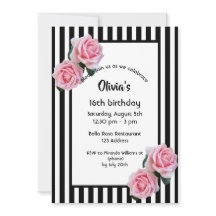 Roze rozen zwart wit strepen Sweet 16