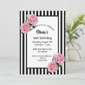 Roze rozen zwart wit strepen Sweet 16 Kaart (Staand voorkant)