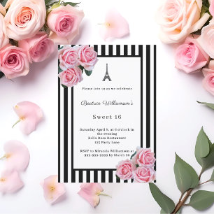 Roze rozen zwart witte strepen Parijs Sweet 16 Kaart