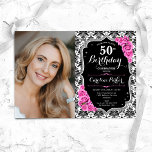Roze Rozen Zwart Zilver Damask Foto 50ste Verjaard Kaart<br><div class="desc">Elegante bloemenvrouwelijke 50e verjaardagsuitnodiging met uw foto. Glam zwart wit roze design met faux glitter zilver. Beschikt over zwart-wit damast patroon, roze rozen, script lettertype en confetti. Perfect voor een stijlvol volwassen feestje. Personaliseer met je eigen gegevens. Kan voor om het even welke leeftijd worden aangepast! Gedrukte Zazzle-uitnodigingen of direct...</div>