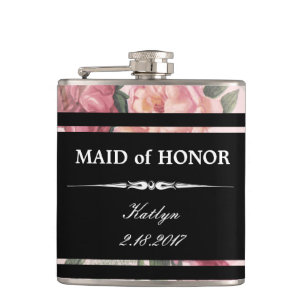 Roze Rozen Zwarte Maid van Eer Trouwfles Heupfles