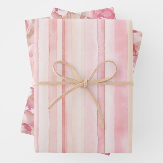 Roze rozenblaadjes Bloemen Stripes Verjaardag Inpakpapier Vel (In situ)