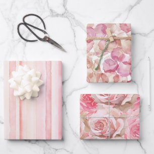 Roze rozenblaadjes Bloemen Stripes Verjaardag Inpakpapier Vel