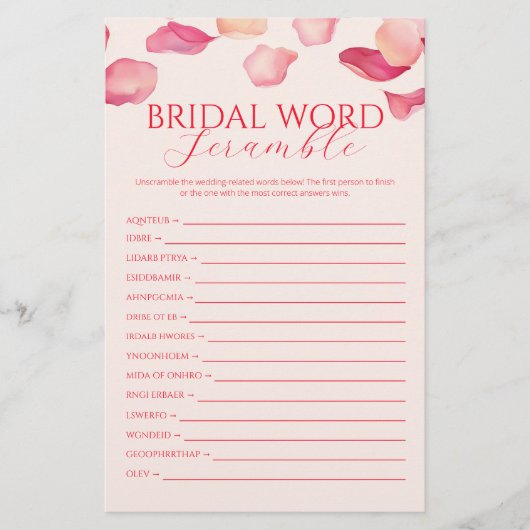 Roze rozenblaadjes Vrijgezellenfeest Word Scramble Flyer (Voorkant)