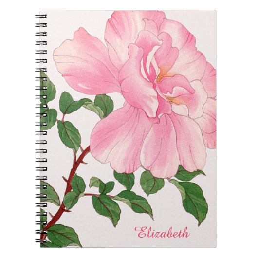 Roze rozenbloem & groene bladeren monogram notitieboek (Voorkant)