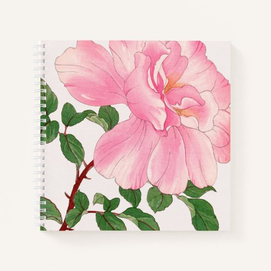 Roze rozenbloem & groene bladeren notitieboek (Voorkant)