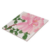 Roze rozenbloem & groene bladeren tegeltje (Zijkant)