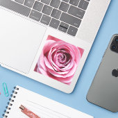 Roze rozenbloem in bloementuin sticker (Laptop met iPhone)