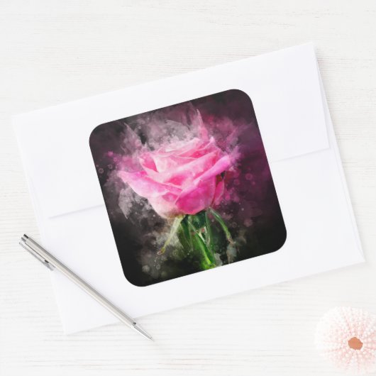 Roze rozenbloem waterverf - bb vierkante sticker (Envelop)