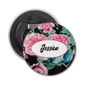Roze Rozenbloem Waterverf Rozen Zwarte sleutelhang Button Flesopener (Voorkant)
