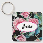 Roze Rozenbloem Waterverf Rozen Zwarte sleutelhang Sleutelhanger (Voorkant)
