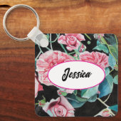 Roze Rozenbloem Waterverf Rozen Zwarte sleutelhang Sleutelhanger (Voorkant)
