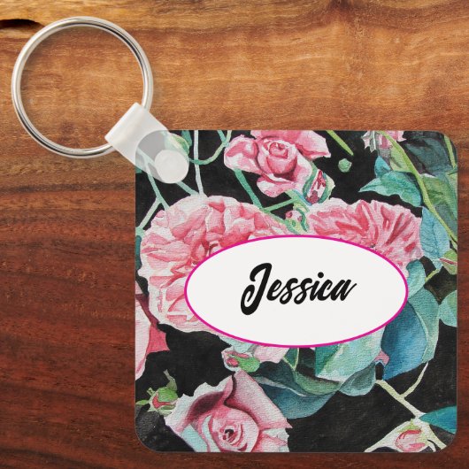Roze Rozenbloem Waterverf Rozen Zwarte sleutelhang Sleutelhanger (Voorkant)