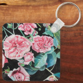 Roze Rozenbloem Waterverf Rozen Zwarte sleutelhang Sleutelhanger (Achterkant)